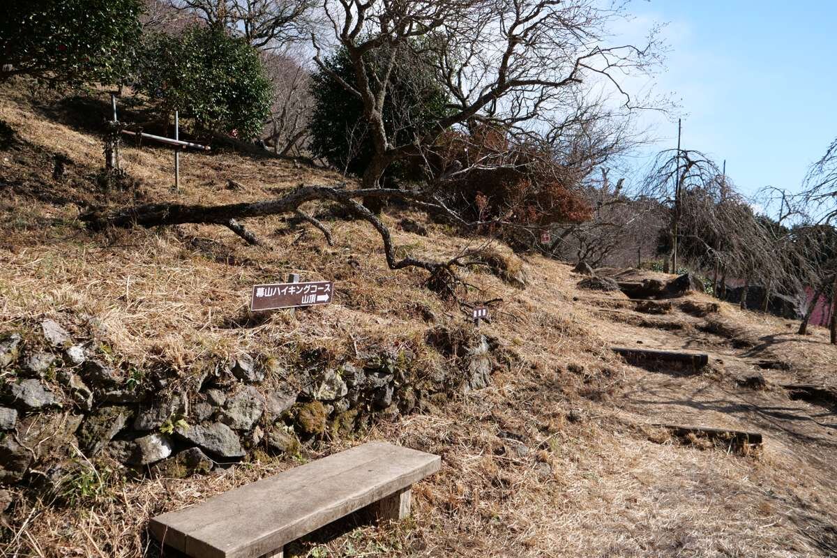 湯河原梅林の散策路のベンチや案内板