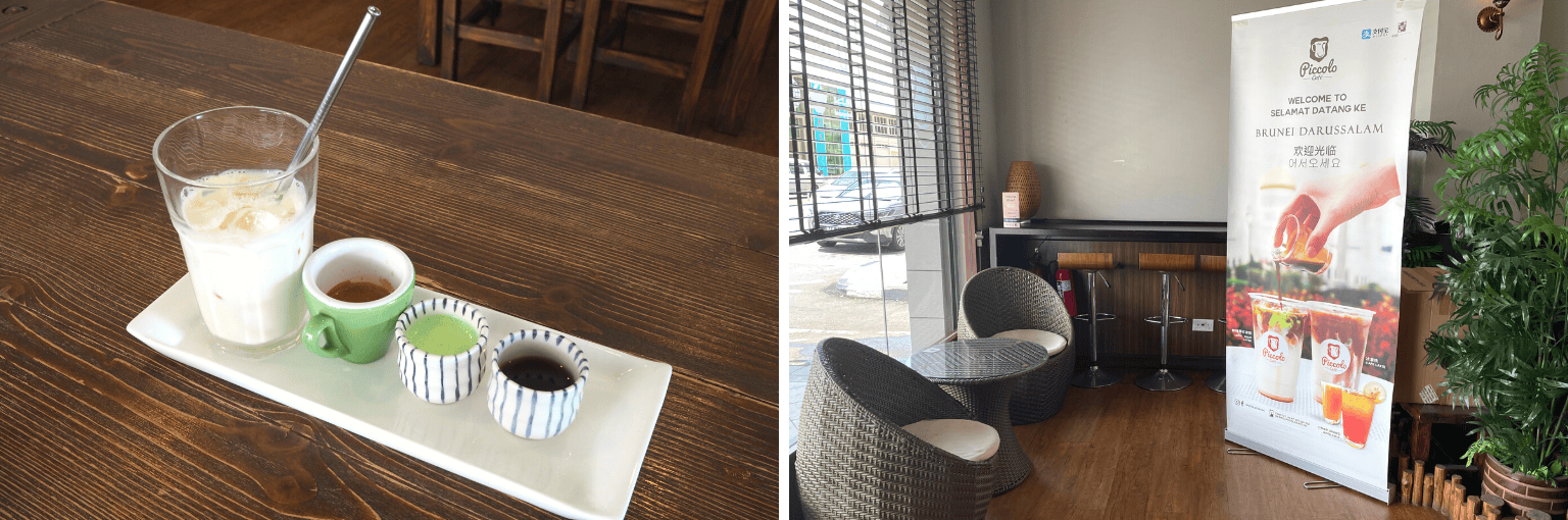 ブルネイのPiccolo Cafe店内とオンデ・オンデ ラテ
