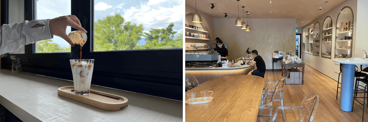 ブルネイの& Coffeeの店内とアイスカフェラテ