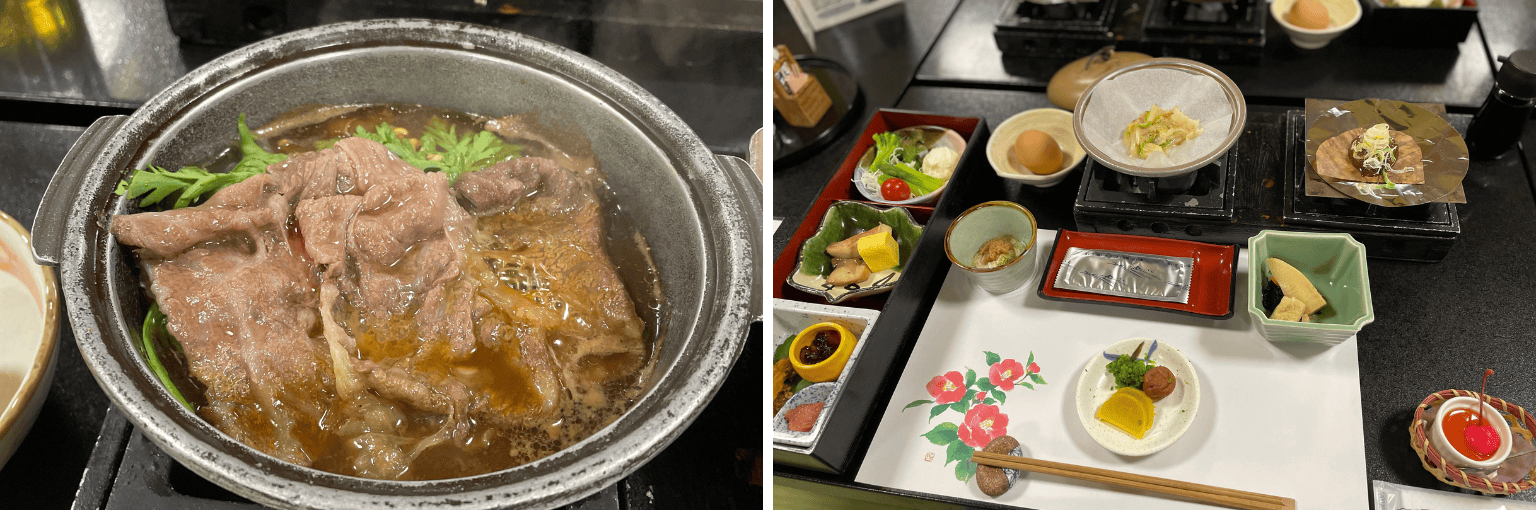 岡田旅館の飛騨牛すき焼き付き夕食と漬け物ステーキ付き朝食