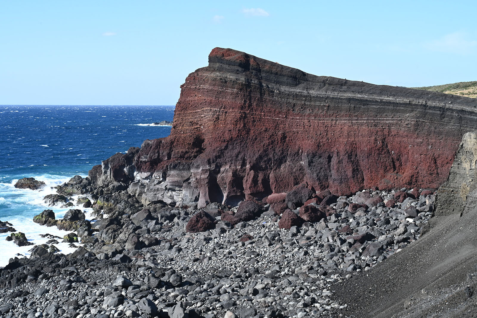 赤黒い地層が海の青さに映える新鼻新山