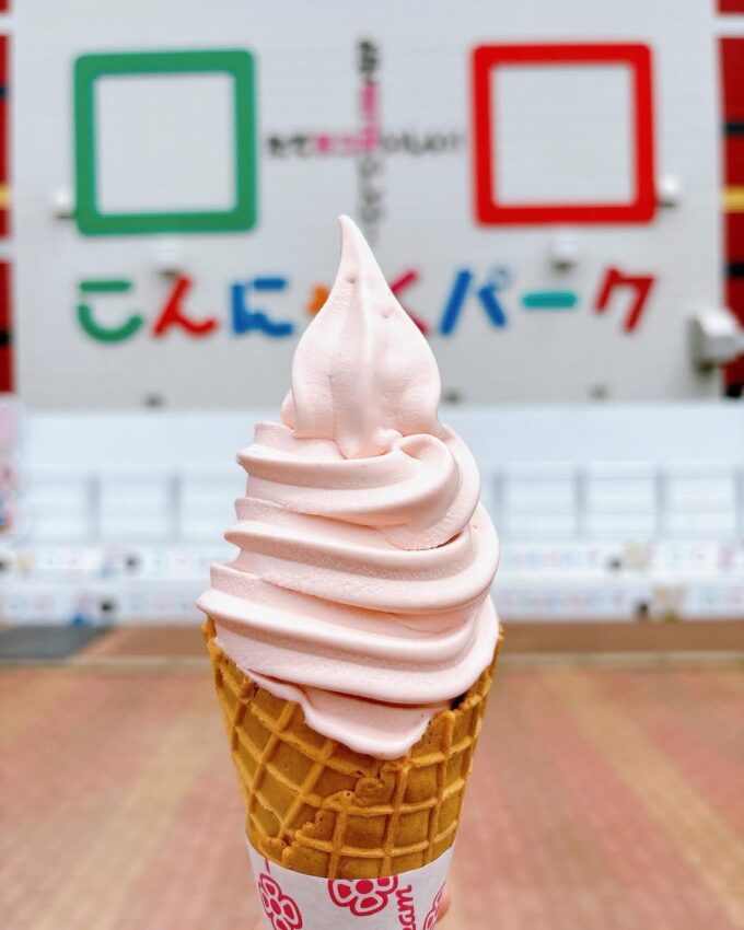 群馬県の甘楽郡にあるこんにゃくパークのロゴの前で撮影した生芋こんにゃくと豆乳の濃厚ソフトクリーム