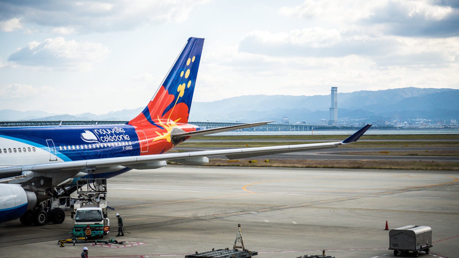 成田空港に停まる、青い尾翼に大きなハイビスカスが映るエアカラン機