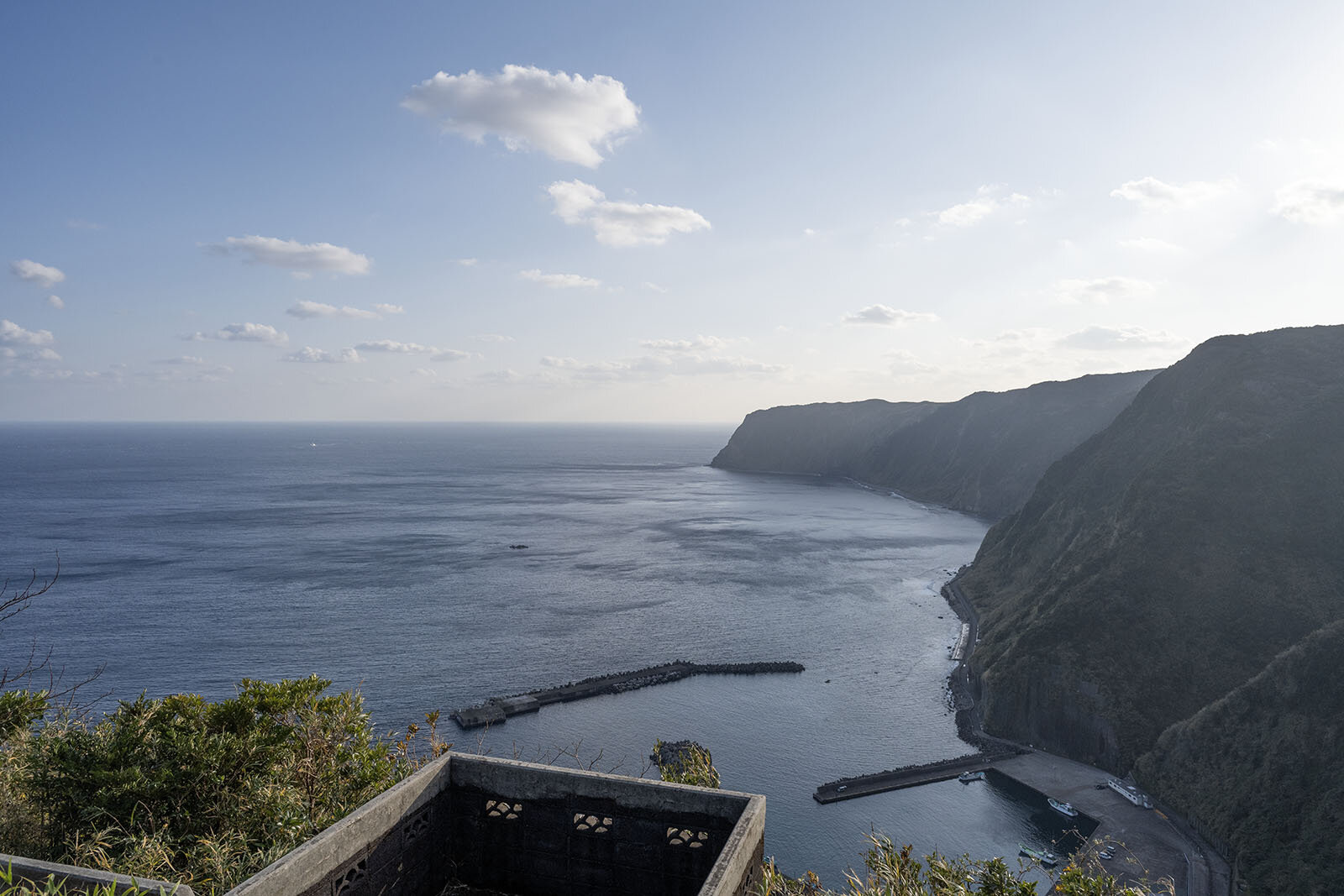 眼下に広がる太平洋と弓の形のような洞輪沢湾、おもむきのある漁村