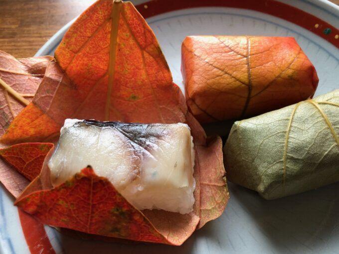 紅葉した柿の葉に包まれた鯖の柿の葉寿司