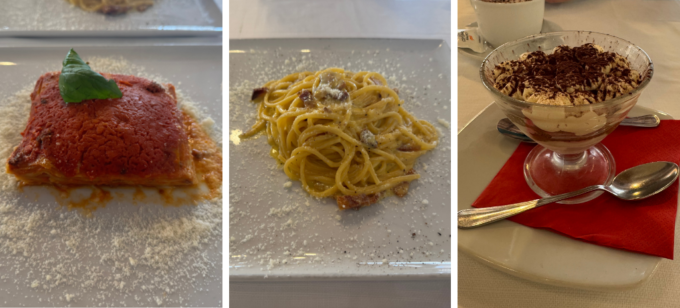 イタリア、ローマのレストラン「Papa Rex」のラザニア、カルボナーラ、ティラミス