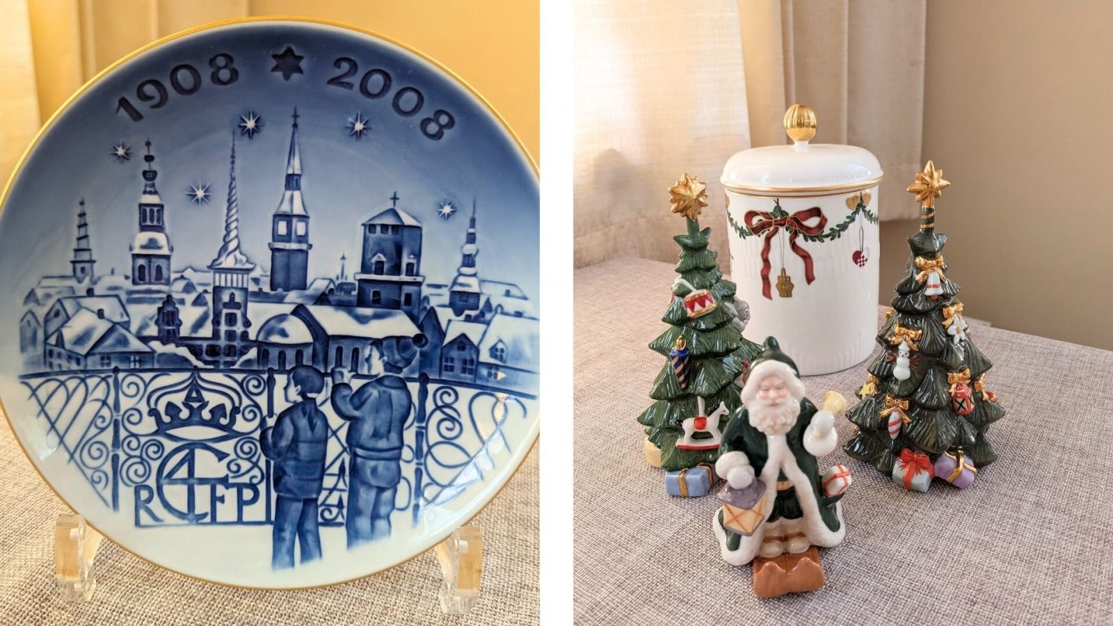火災で焼け落ちた旧証券取引所の有名な塔が描かれた限定プレートと、クリスマス（サンタとツリー）のフィギュリン