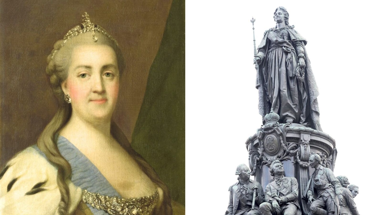 ロシア女帝エカテリーナ2世の肖像画と、広場に建てられた銅像