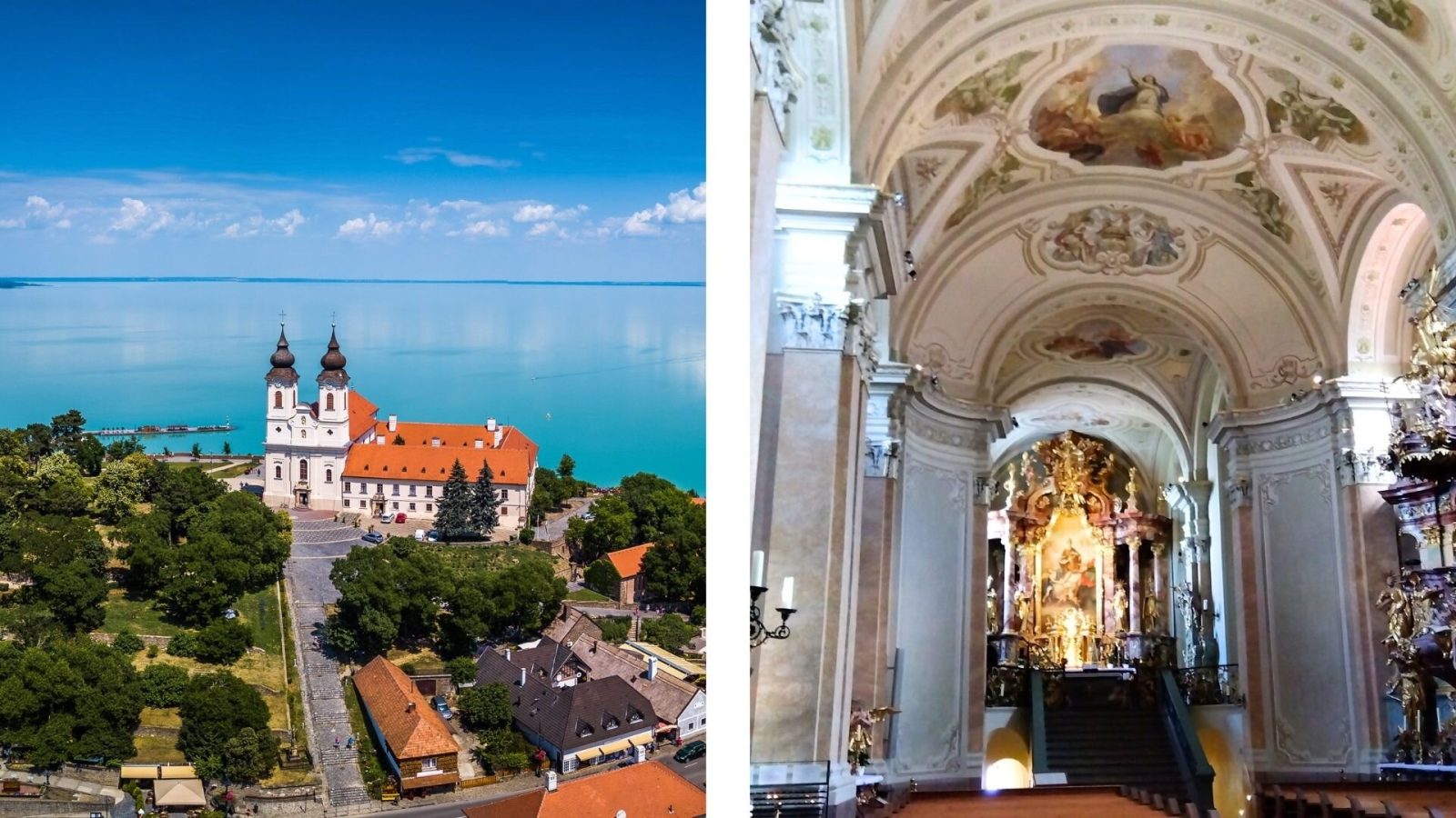 バラトン湖に突き出した半島にあるティハニ修道院（Tihany Abbey）と美しいその内部