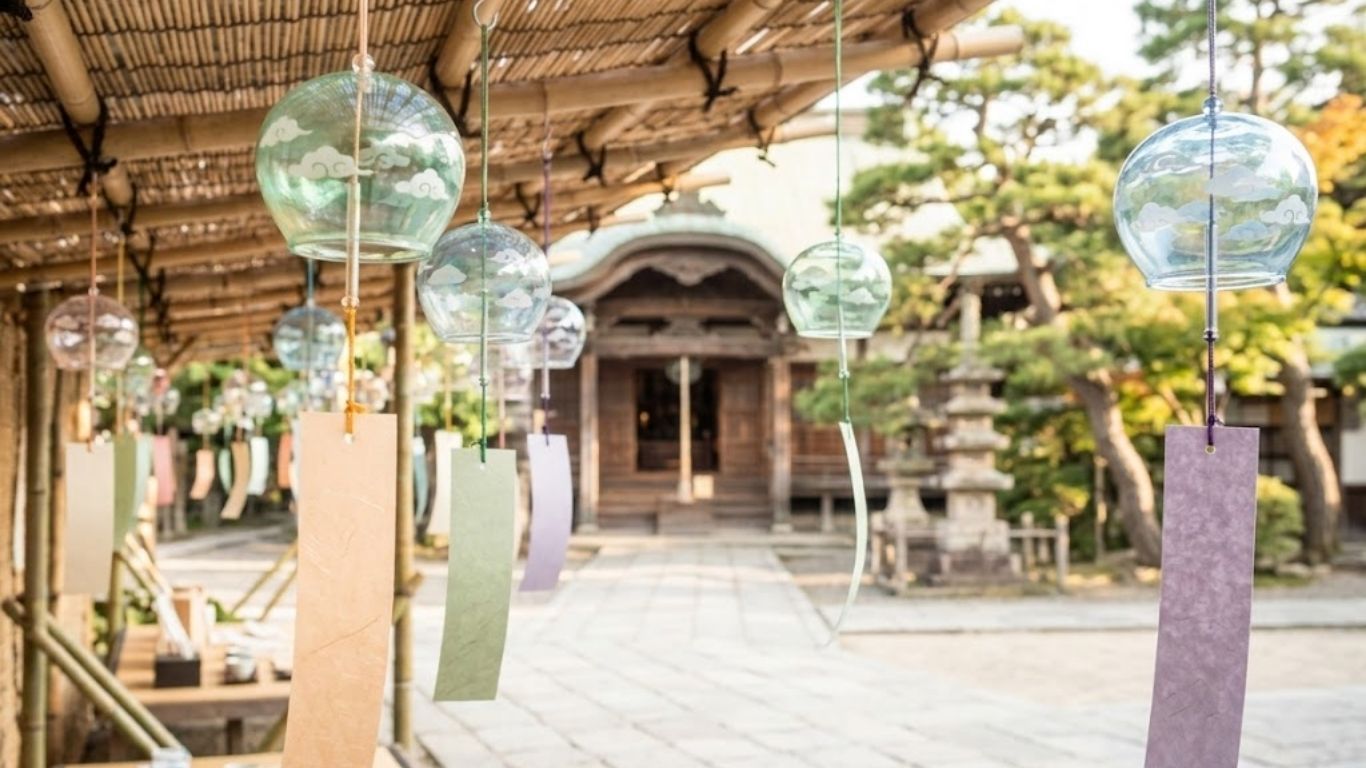 神社境内に揺れるガラス風鈴