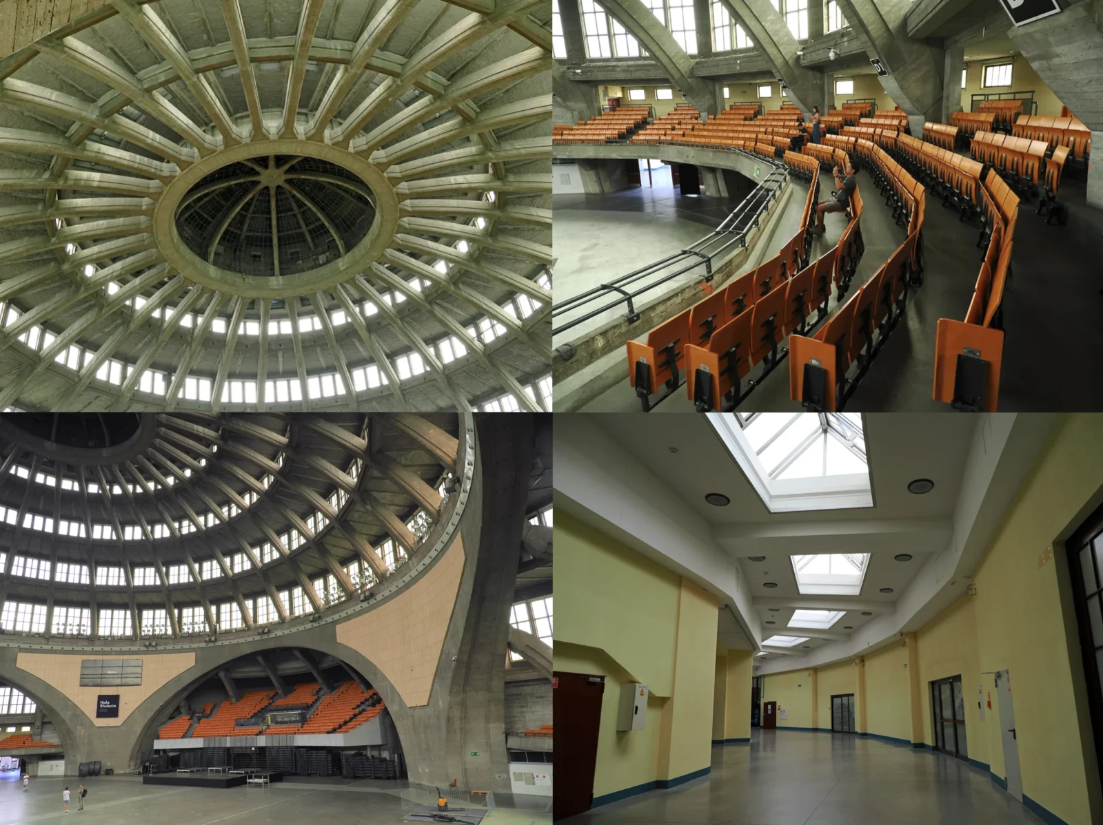 百年記念館のドーム天井・オレンジ色の客席・アリーナ全景・ロビー廊下